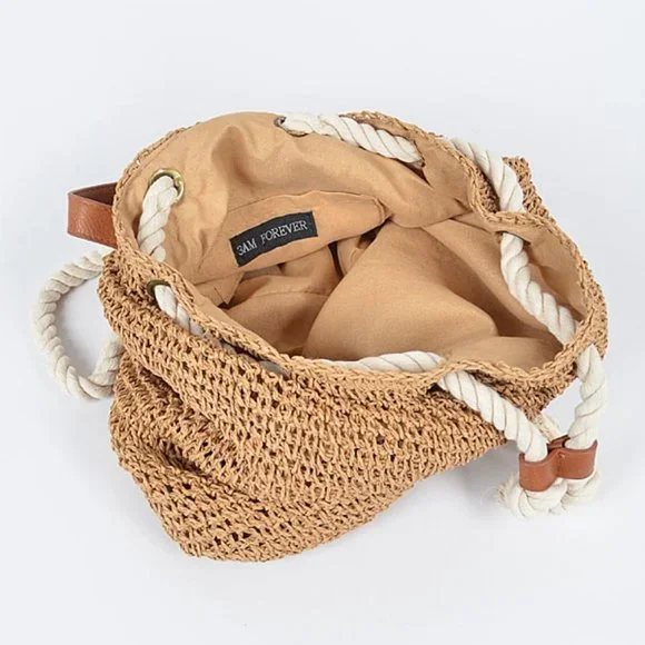 NWT Boho Beach Raffia Woven Rope Backpack - Picture 8 of 11